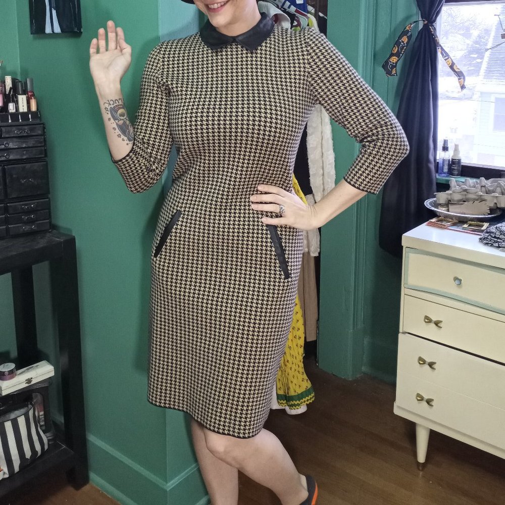 Ralph Lauren | Houndstooth Leather Collar Long Sleeve Sweater Dress MEDIUM